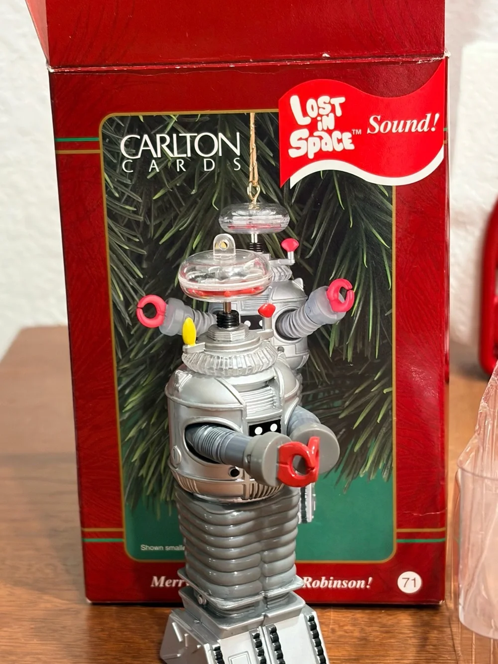 Vintage Lost In Space talking Robot Ornament with Red and Yellow Accents